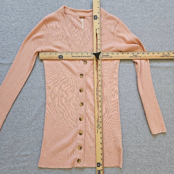 Free People Pink Ribbed Long Cardigan Sweater Size S Button Cashmere Silk Cotton - Picture 4 of 5